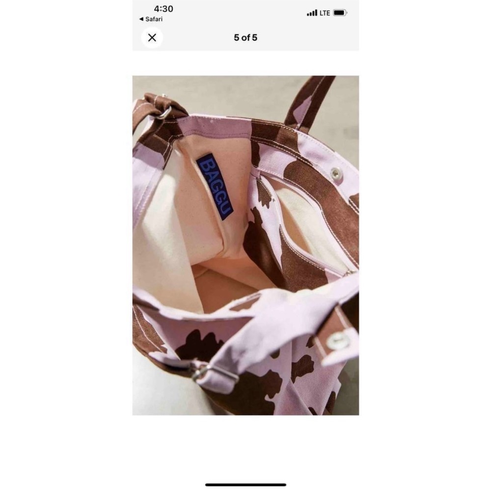Baggu Classic Canvas Duck Tote Bag Lavender Brown Cow Print